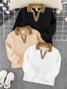 3 pièces/set Polo tricoté à manches longues et col côtelé, style décontracté pour garçon. Convient pour l'école, le jardin, la plage, les anniversaires, les saisons de printemps/été/automne/hiver - Multicolore - Voir 6