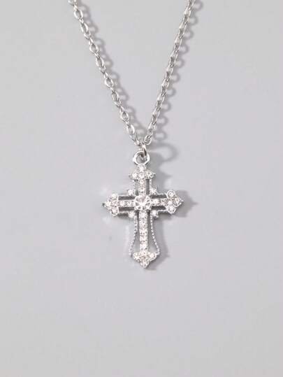Goth 1pc Fashionable Elegant Rhinestone Cross Pendant Necklace