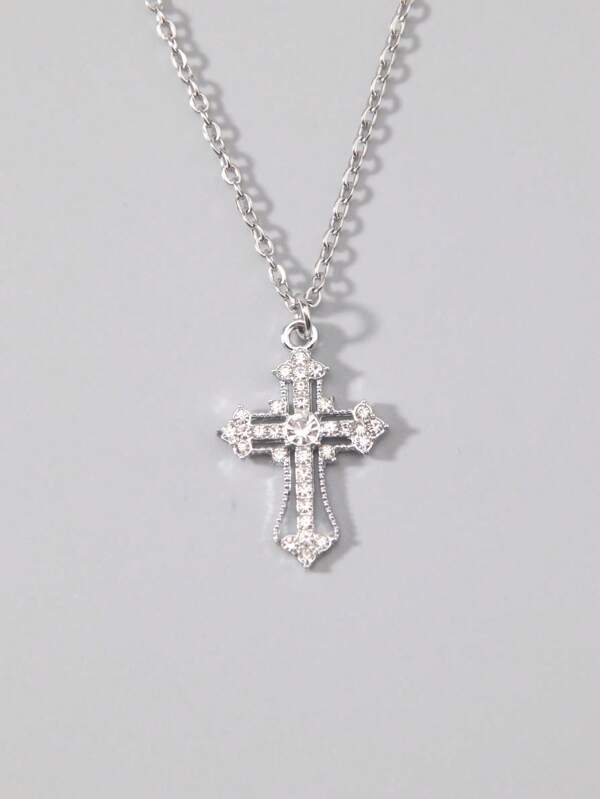 ROMWE Goth 1pc Fashionable Elegant Rhinestone Cross Pendant Necklace