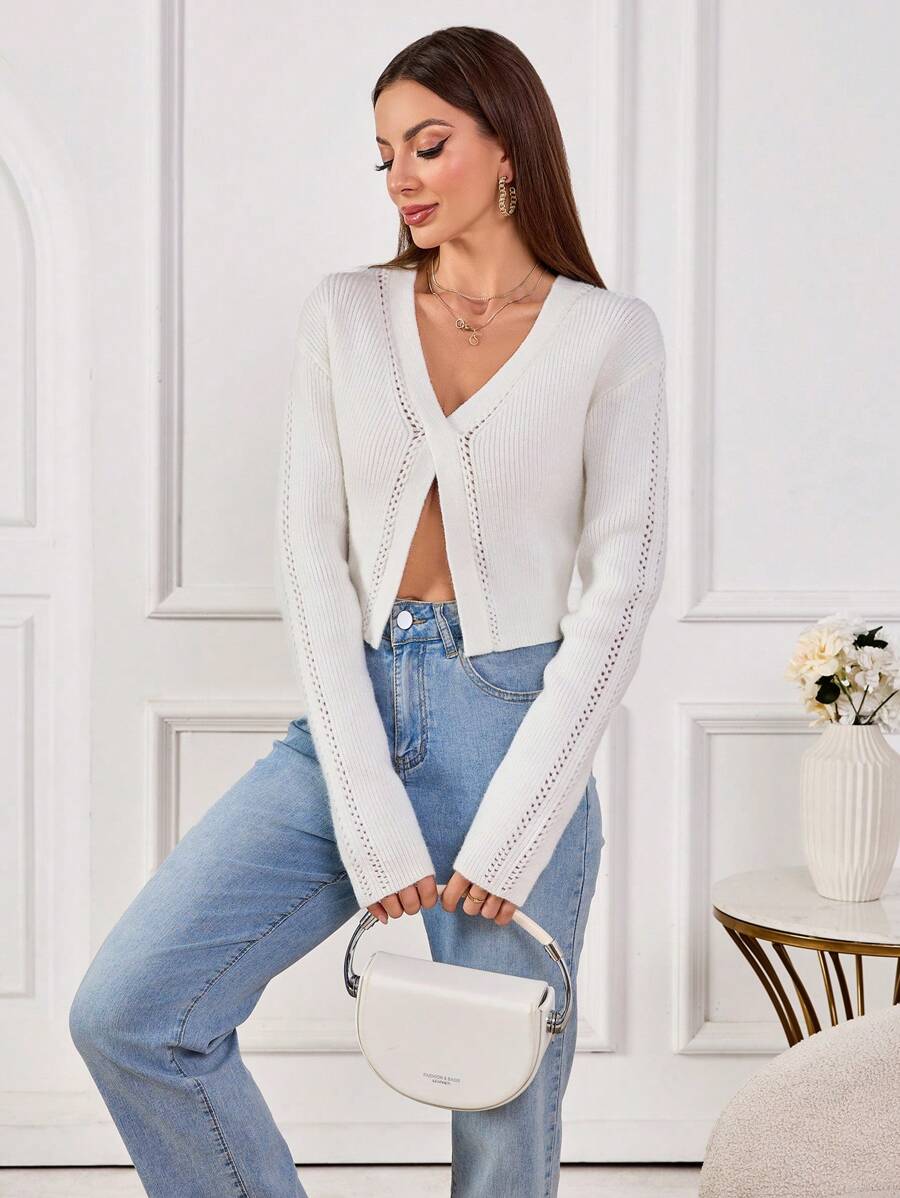 Zolique 1pc Women's V-Neck Crossed Splice Fitted Twist Rope Design Hollow Ribbed Cropped Sweater, Autumn/Winter Christmas Clothes Women, Stylish Holiday Sweater, Fashionable Fall Women Clothes, Cozy Top Knit Pullover