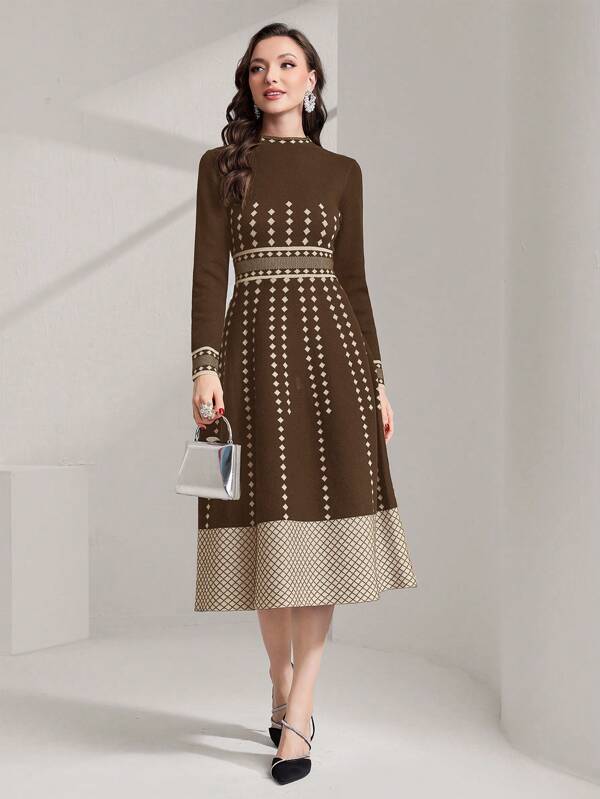 Modelyn Women Elegant Geometric Pattern Knit Sweater Dress, Autumn/Winter