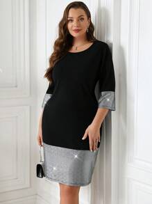 SHEIN Clasi Đầm sang trọng thanh lịch màu khối sequin chắp vá cỡ lớn - màu đen - Xem 3