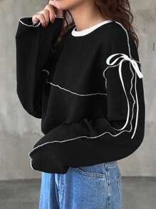 FRIFUL 女士圆领宽松撞色蝴蝶结T恤长袖女上衣，秋季女装 - 黑色 - 查看 3