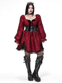 Flirla Vestido de jacquard con escote cuadrado, volantes, parches, cintura ceñida, manga larga, corte evasé y bajo asimétrico para mujer tallas grandes de estilo punk gótico, lindo y genial para ropa de Año Nuevo para mujeres góticas