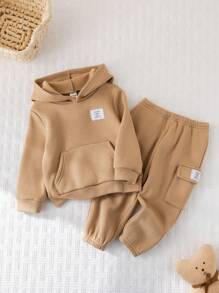 SHEIN Leap Crew Bộ 2 món/bộ áo hoodie thể thao giản dị dễ thương có túi và quần cạp chun cho bé trai/bé gái, phù hợp cho mùa thu/đông - Màu be - Xem 4