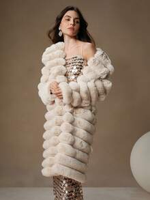 Anewsta New Autumn/Winter Fluffy Long Coat, Women Fashionable Faux Rabbit Fur Overcoat - Beige - View 6