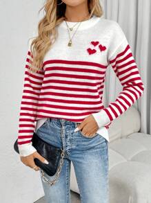 SHEIN LUNE Áo len dài tay họa tiết trái tim sọc màu tương phản thường ngày cho nữ - trắng - Xem 1
