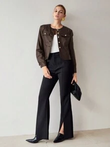 MOTF PREMIUM PU LEATHER FLAP DETAIL SINGLE BREASTED PLACKET JACKET - Brown - View 5