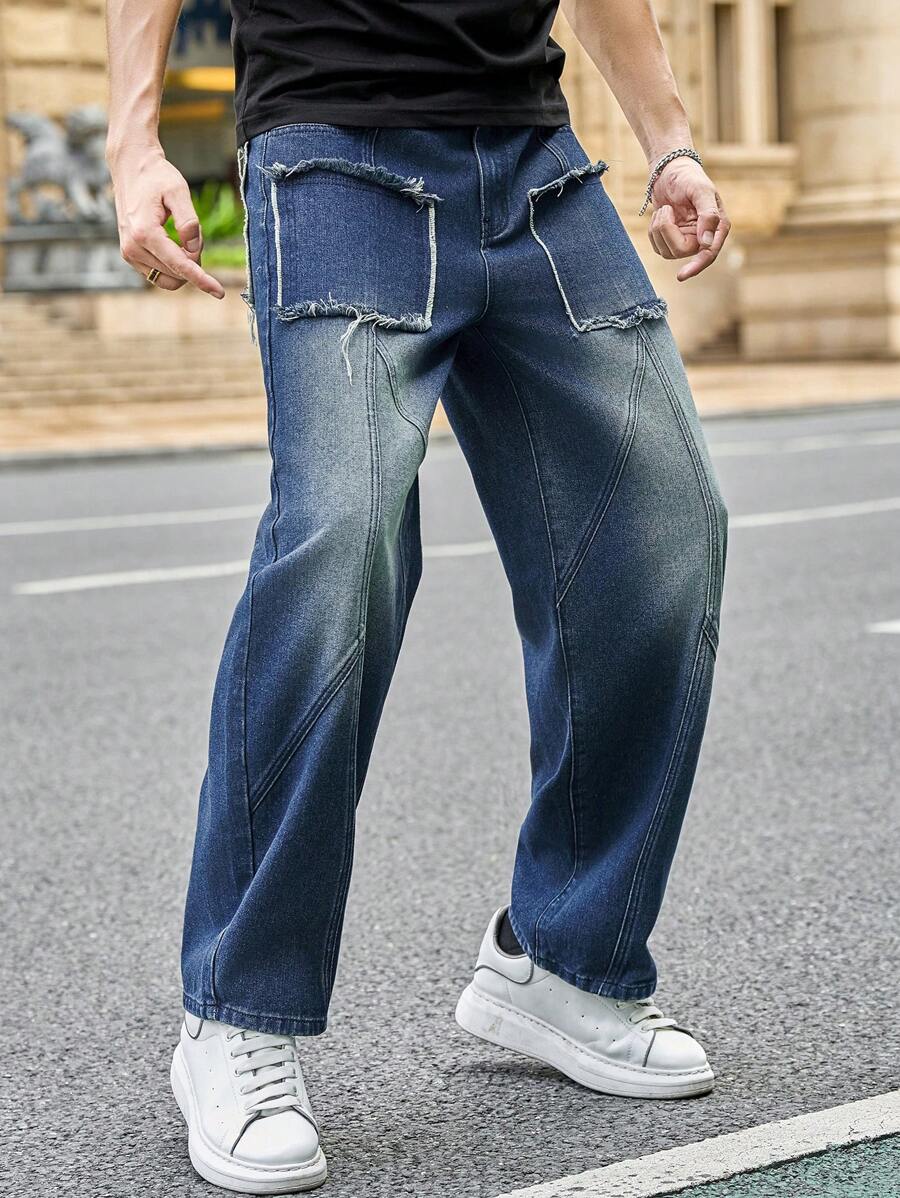 Manfinity Roughcore Men's Faded Denim Baggy Jeans With Square Patches - Blue - View 1