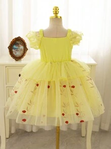 SHEIN Glamorique Kids Christmas Party Wear, Santa Dress, New Year's Dress, Christmas Young Girl Dress, Dresses, Children's Christmas/Halloween Party Dresses, Girls Princess Tulle Dress With Sequin Top, Glitter Skirt, Spaghetti Strap, For European/ Performance COS - Yellow - View 2