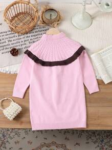 SHEIN Kleine Mädchen Pastorales Pulloverkleid mit 3D-Zopfmuster und Kontraststruktur und H-Linie, geeignet als Schulkleidung und für Outdoor-Aktivitäten im Herbst/Winter - Pink - Übersicht 2