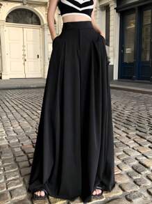 SHEIN EZwear Solid Fold Pleated Wide Leg Pants - Black - View 6