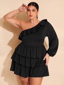 SHEIN BAE Plus Size Women Autumn Winter Solid Black Asymmetric One Shoulder Tiered Ruffle Long Sleeve Mini Sun Dress, Elegant Dress, Party Dress, Festival Dress, Short Dress, Birthday Party Dress, Evening Out Dress, Prom Dress, Date Dress