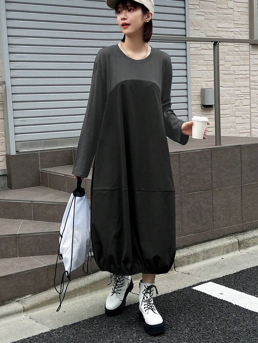 FRIFUL 女士撞色拼布荷叶边下摆长袖连衣裙