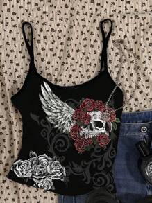 Attitoon Áo ba lỗ gợi cảm họa tiết đầu lâu và cánh hoa hồng cổ điển dành cho nữ, áo ba lỗ bó sát Y2K - trắng - Xem 3