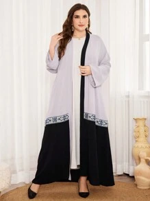 Al Najma Áo khoác cardigan dài hở phía trước viền ren tương phản cỡ lớn cho nữ, áo abaya hở tay dài thanh lịch, mặc thường ngày - Nhiều màu - Xem 3