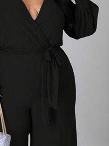 Plus Size Women Wrap V-Neck Knotted Lantern Sleeve Jumpsuit Black Spring - Black - View 6