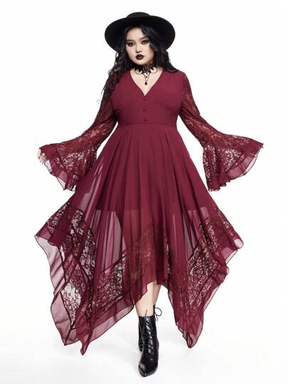 Plus Size Sexy Gothic Deep V-Neck Flare Sleeve Asymmetrical Hem Contrast Lace Waisted Dress, For New Year