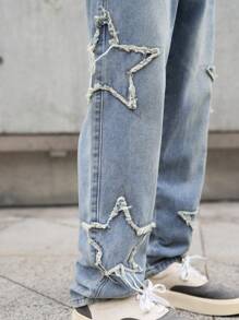 Manfinity EMRG Straight Leg Jeans, Casual And Fashionable For Daily Wear, Frayed Plain Straight Leg Light Blue Washed Cargo Jeans, For Husband, Boyfriend Gifts