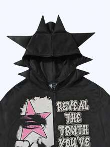 ROMWE MEN Grunge Punk Men's Antenna Letter And Portrait Print Hooded Zip-Up Long Sleeve Streetwear Hoodie Sweatshirt - Black - View 3