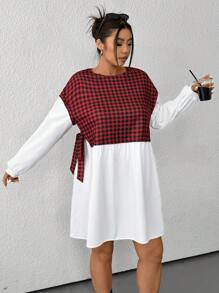 SHEIN EZwear 大码休闲落肩格子拼接长裙，秋冬 - 紅白色 - 查看 5
