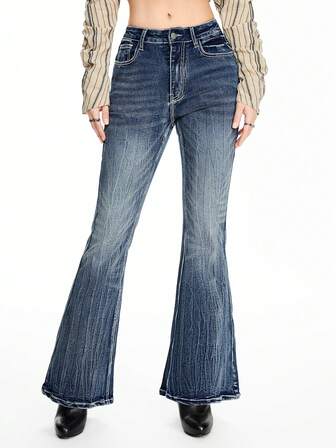 Grunge Punk Jeans évasés en denim stretch à taille basse pour femmes avec imprimé léopard rétro, broderie et décoration de strass, style Shibuya Girls Y2K