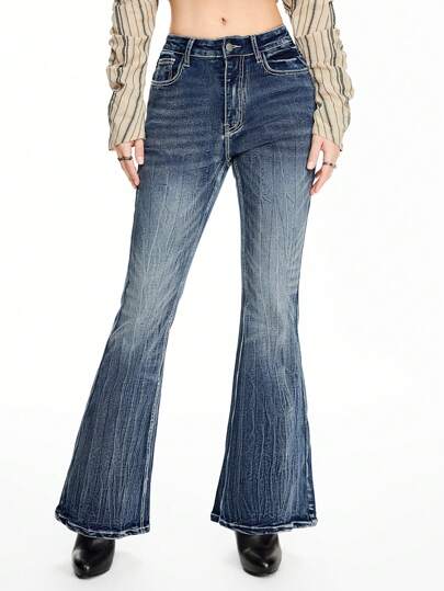 Grunge Punk Jeans évasés en denim stretch à taille basse pour femmes avec imprimé léopard rétro, broderie et décoration de strass, style Shibuya Girls Y2K