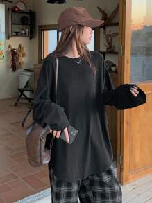 DAZY 女士休闲纯色落肩宽松长袖 T 恤，秋冬 - 黑色 - 查看 3