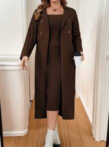 Calvaya Plus Size Casual Solid Color Long Cardigan & Sweater Dress Set, Autumn/Winter - Coffee Brown - View 6