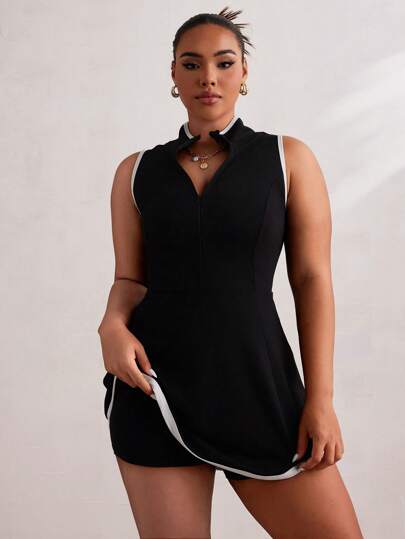 Rhythm Era 大码纯色前拉链无袖休闲运动迷你连衣裙