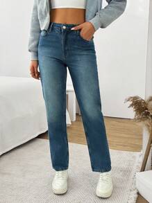 SHEIN Cottnline WOMEN STRAIGHT MID WAIST JEANS - Medium Wash - View 6