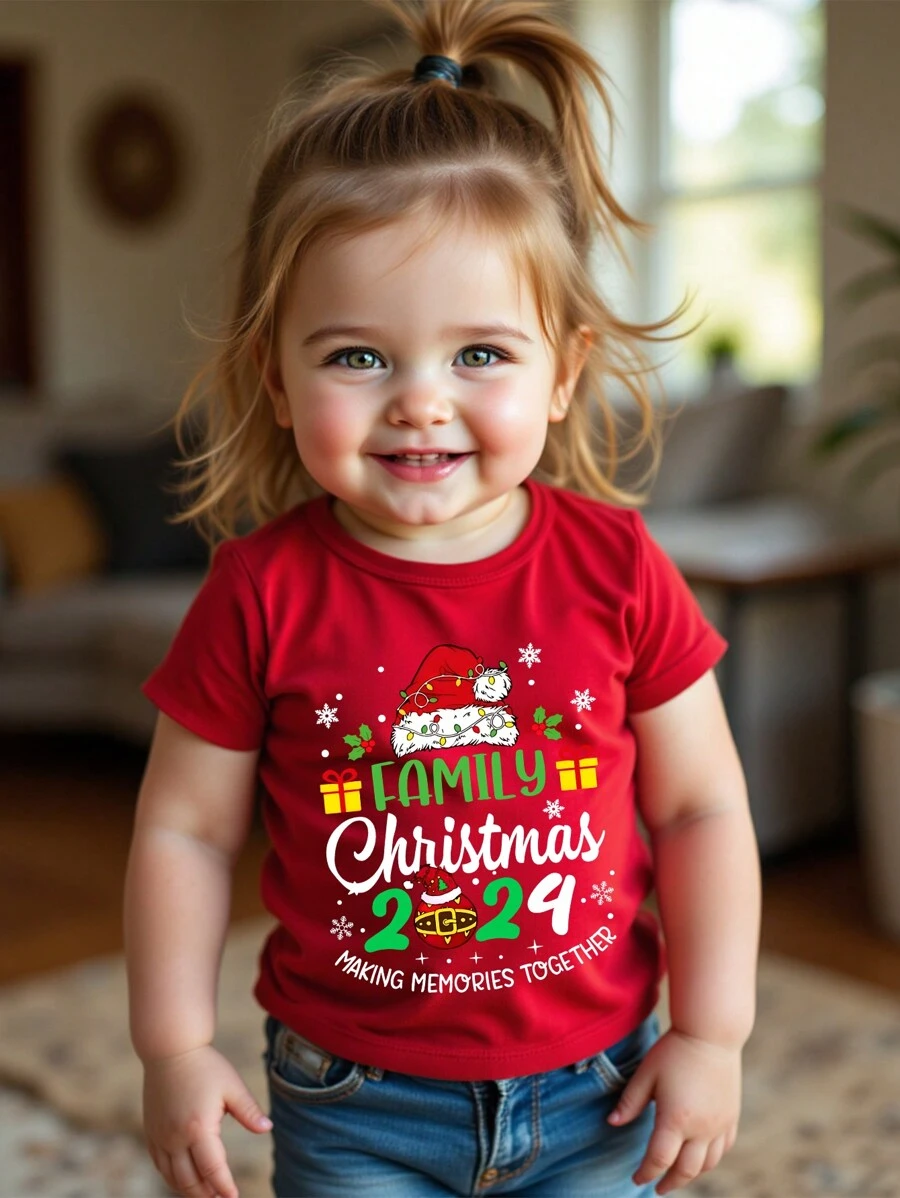 女婴圣诞欢乐字母印花休闲短袖 T 恤，适合圣诞节、春夏季 - 紅色 - 查看 1
