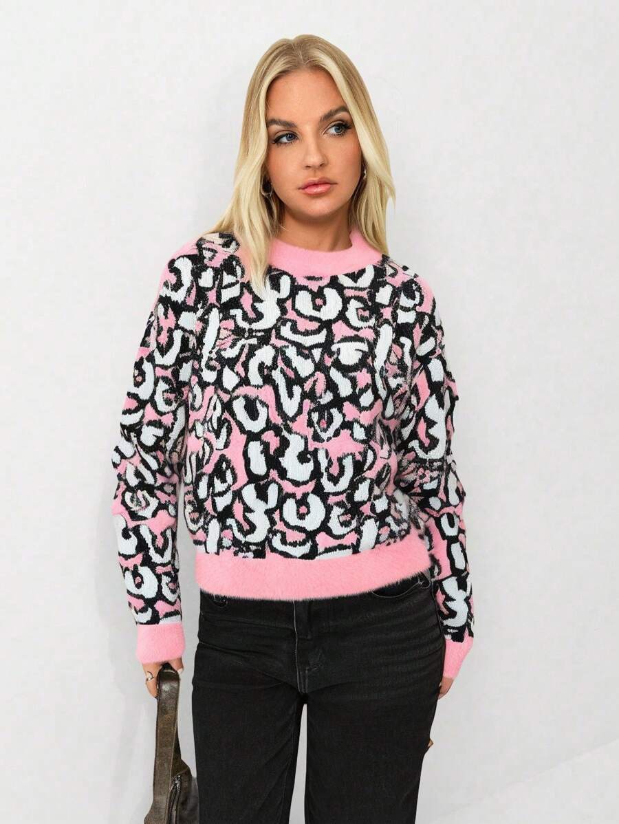 SHEIN Unity Pull col ras-du-cou décontracté et ample avec imprimé léopard, automne/hiver, pour femmes