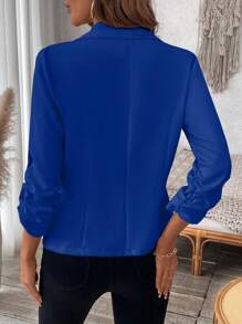 EMERY ROSE Women's Solid Color Turndown Collar Casual Suit Jacket With Ruched Cuffs, For Autumn - Blue - View 2