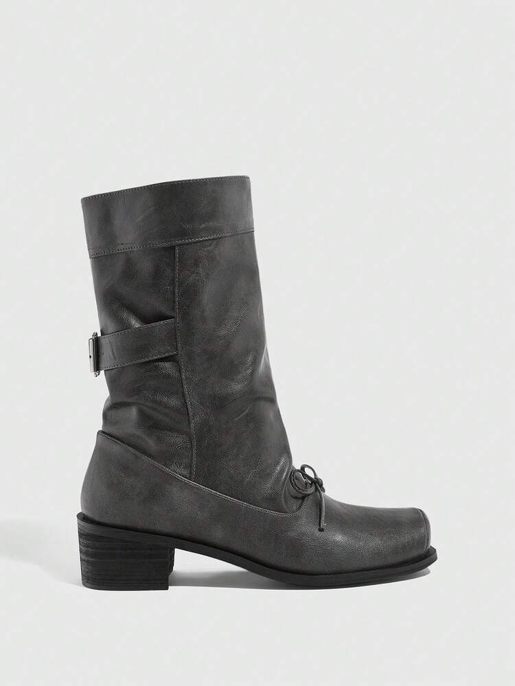 CUCCOO GRLICON 女式中筒靴，Y2K 风格，朋克摇滚，机车风，酷女孩装，适合万圣节、圣诞节和派对 - 黑色 - 查看 11