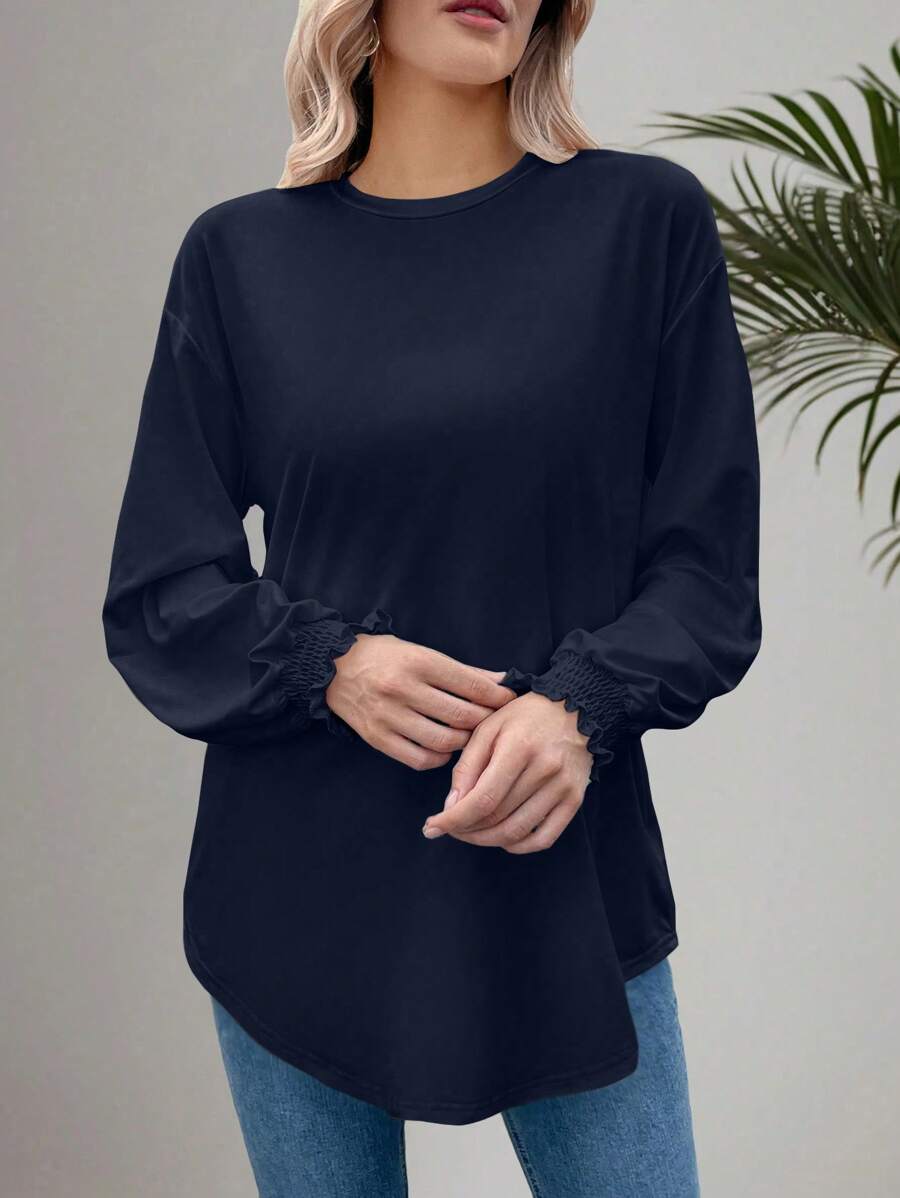 EMERY ROSE Áo thun tay loe trễ vai màu trơn đơn giản cho nữ, mùa xuân/thu - Màu xanh lam - Xem 1