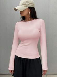 DAZY 女士休闲街头风保暖修身长袖T恤，秋冬季，带保暖内衬 - 粉色 - 查看 6