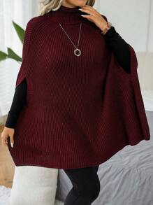 Calvaya 大码纯色高领罗纹插肩袖优雅套头毛衣，冬季秋季针织套头衫 - 酒紅色 - 查看 4