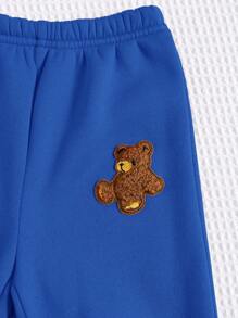SHEIN 3pcs Baby Boys Autumn/Winter Outfit: Cute Bear Graphic Fuzzy Zip-Up Hooded Jacket, Loose Casual Sweatpants, Solid Color All-Match Crew Neck Pullover Sweatshirt. Suitable For Indoor & Outdoor