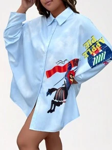 Calvaya Áo cánh dơi in chữ hoạt hình cỡ lớn thường ngày, mùa thu - Màu xanh lam - Xem 1