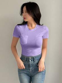 DAZY Tricou elegant pentru femei, cu guler rotund, mânecă scurtă, buzunar, casual - Violet - Vizualizare 5