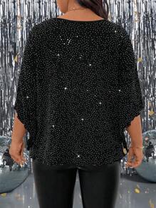 SHEIN CURVE+ 大码女式水钻装饰圆领 T 恤，夏季时尚派对装 - 黑色 - 查看 2