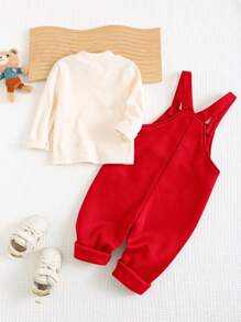 Cozy Pixies 2pcs Baby Boy Letter Pattern Knit Soft Crew Neck Long Sleeve Top And Bib Pants Set - Burgundy - View 2