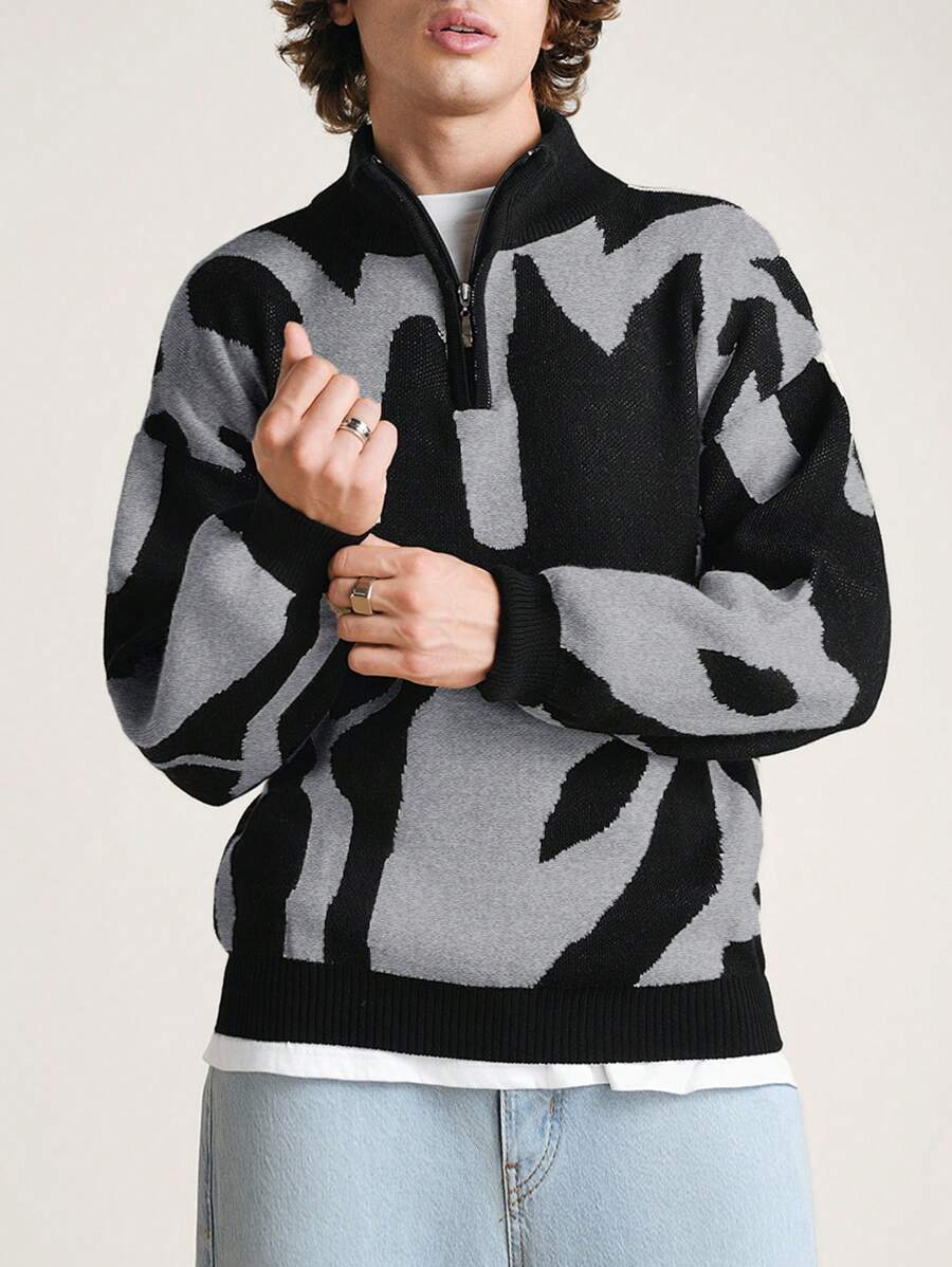 EURMUSE Men Graphic Pattern High Neck Half Zipper Sweater - Dark Grey - View 1