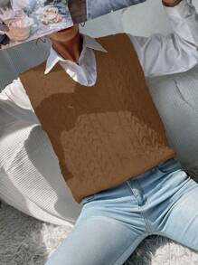 Chiquease V Neck Cable Knit Sweater Vest - Coffee Brown - View 6