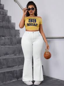 Slaydiva Calça jeans feminina plus size branca extra longa slim fit stretch flared