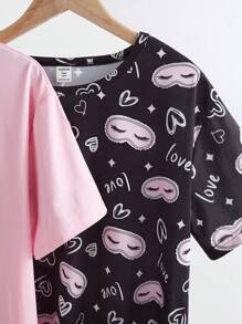 2pcs Teenage Girls Minimalist Elegant Eyelash Print Crew Neck Short Sleeve Nightgown + Loungewear Set - Multicolor - View 4