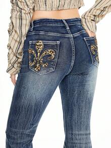 ROMWE Grunge Punk Jeans acampanados de tiro bajo de mujer con estiramiento, decorados con estampado retro de leopardo, bordado y cristales, estilo Y2K de Shibuya - Azul - Ver 2