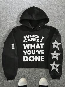 Manfinity VCAY Áo hoodie dài tay in chữ dệt kim thời trang thoải mái, rộng rãi cho nam, thích hợp mặc hàng ngày, thời trang đi chơi, áo hoodie họa tiết màu đen, quà tặng cho bạn bè, chồng, bạn trai, cho mùa thu đông - màu đen - Xem 1