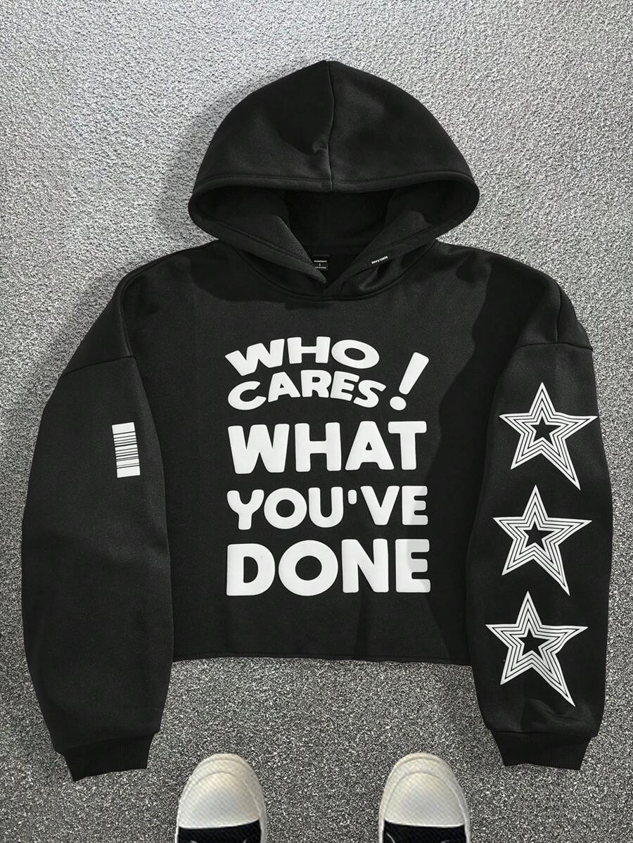 Manfinity VCAY Áo hoodie dài tay in chữ dệt kim thời trang thoải mái, rộng rãi cho nam, thích hợp mặc hàng ngày, thời trang đi chơi, áo hoodie họa tiết màu đen, quà tặng cho bạn bè, chồng, bạn trai, cho mùa thu đông - màu đen - Xem 1